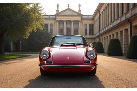 En skinnende, velrestaurert klassisk sportsbil parkert elegant i et historisk miljø.