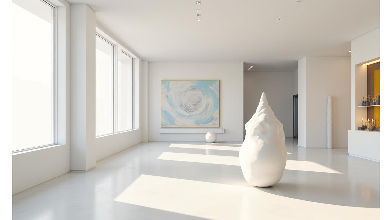 En moderne kunstutstilling med abstrakte skulpturer og malerier, elegant interiørdesign som reflekterer luksus og eksklusivitet.