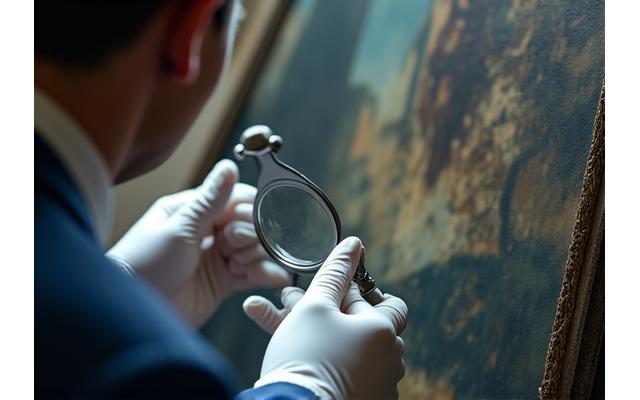 Kunstekspert som gransker et maleri i et galleri, med lup og fokusert blikk på detaljene.