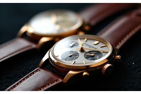 Nærbilde av en samling vintage luksusklokker, som Rolex og Patek Philippe, utstilt elegant.