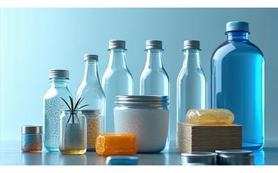Resirkulerede materialer som glass, plast, metall, pent arrangert og med god belysning.