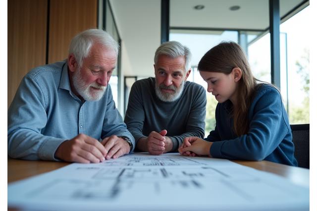 Fire personer, to eldre og to yngre, sitter rundt et bord og diskuterer forretningsdokumenter, symboliserer kontinuitet i en familiebedrift