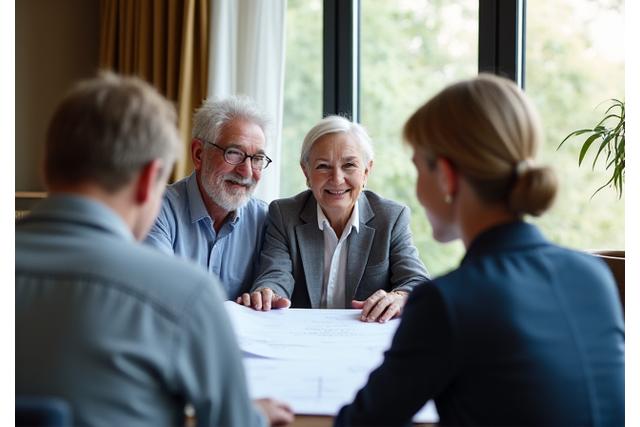 En eldre og en yngre person diskuterer dokumenter smilende, symboliserer generasjonsoverføring og tillit