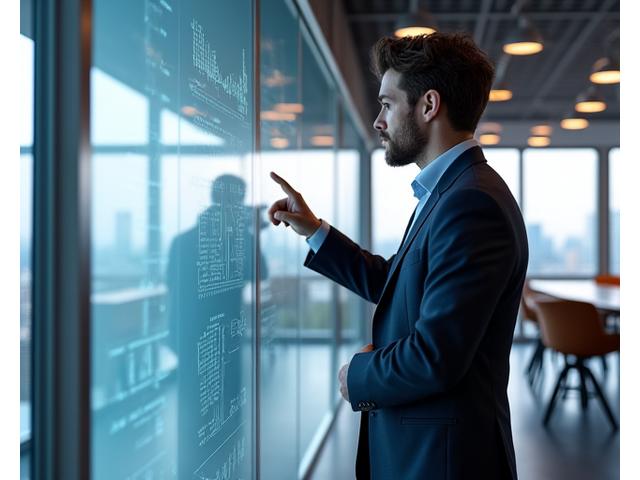 Tech-gründer i et moderne kontor reflekterer over data
