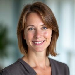 Portrett av Ingrid Jensen, en kunnskapsrik kvinnelig finansiell analytiker, fokusert og vennlig.