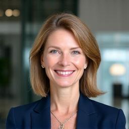 Portrett av Lea Solberg, en erfaren kvinnelig finansiell rådgiver, smilende og profesjonell.