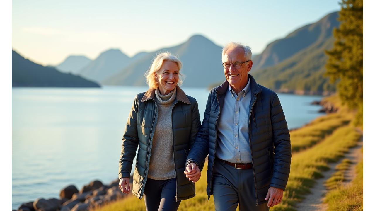 Et eldre par smiler og ler mens de går hånd i hånd langs kysten i Norge, symboliserende frihet og trygghet i pensjonisttilværelsen.