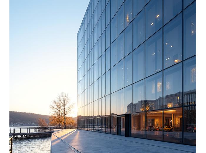 En moderne kontorbygning i Oslo med utsikt over fjorden, som symboliserer finansiell styrke og innovasjon i norsk kontekst.